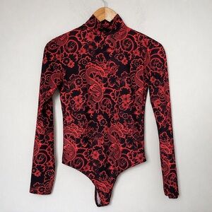 Bershka Red & Black Dragon Print Mock Neck Bodysuit – Stretchy – Size M